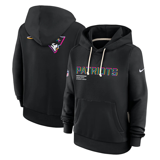 Women's New England Patriots Black 2025 Crucial Catch Club Pullover Hoodie(Run Small)